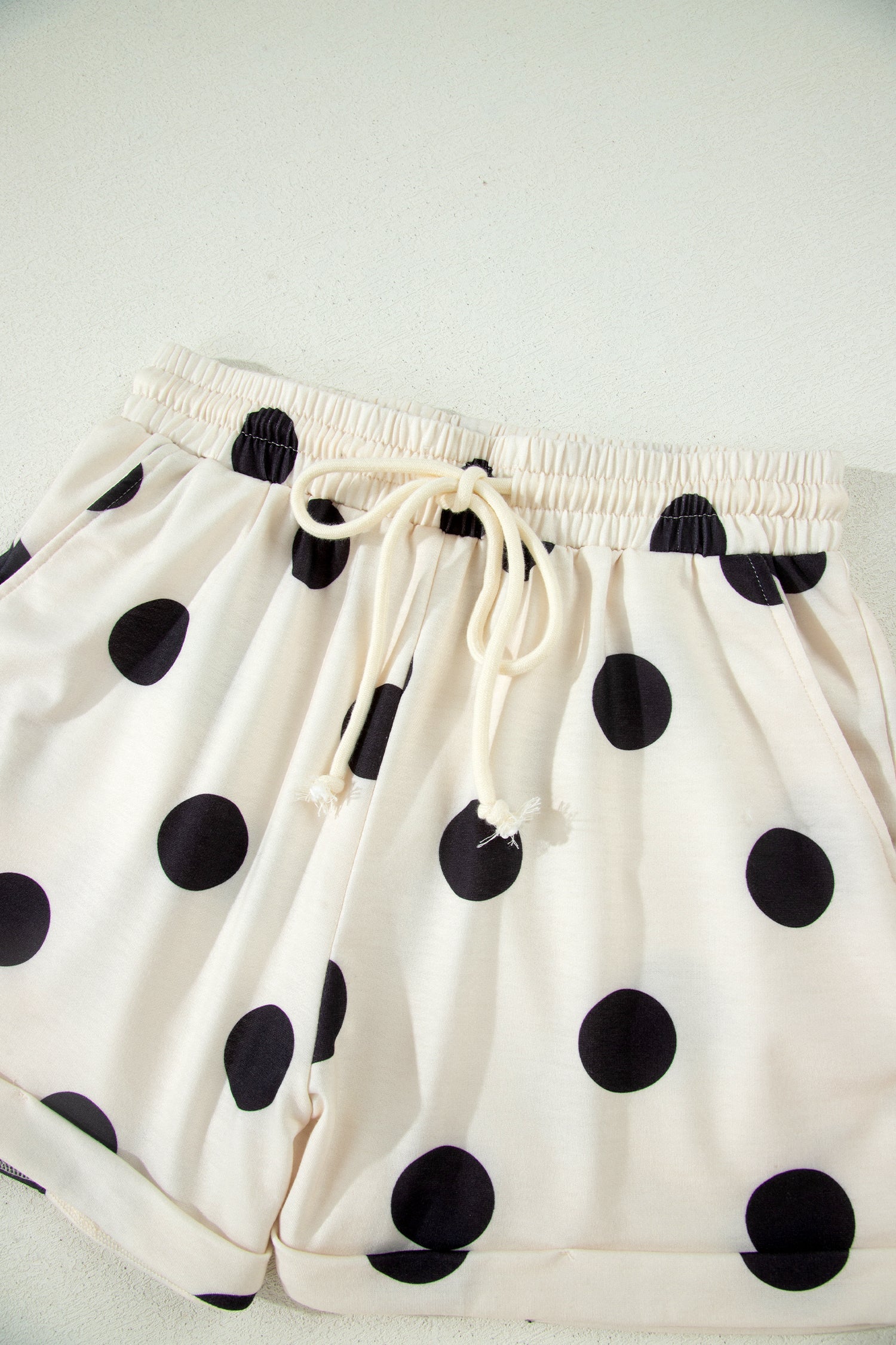 Beige Polka Dot Print V Neck Tee Short Set