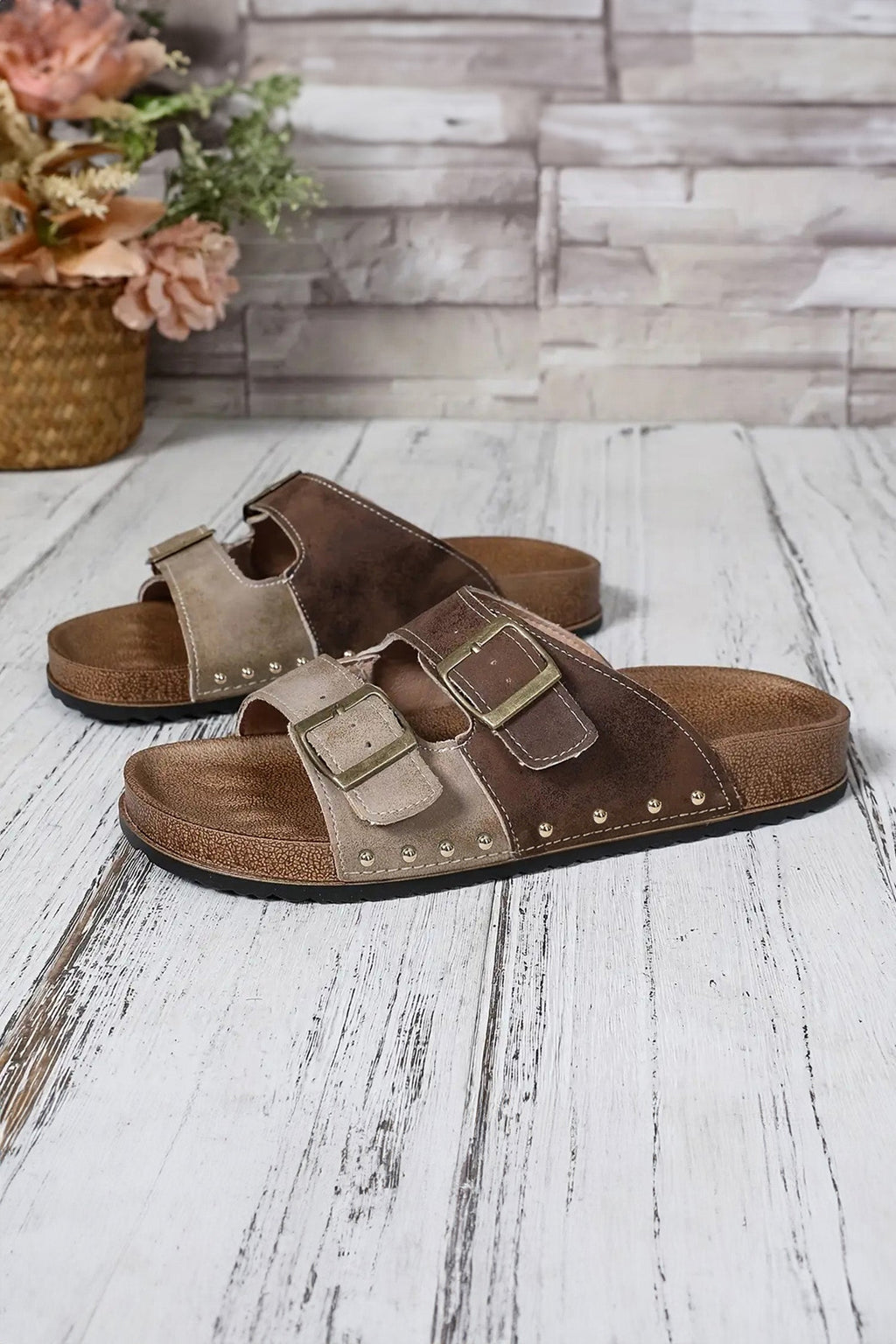 Coffee Leopard Two-tone Retro Buckle Straps Hollowed Faux Suede Slippers