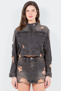 Star Studded Distressed Cropped Denim Jacket