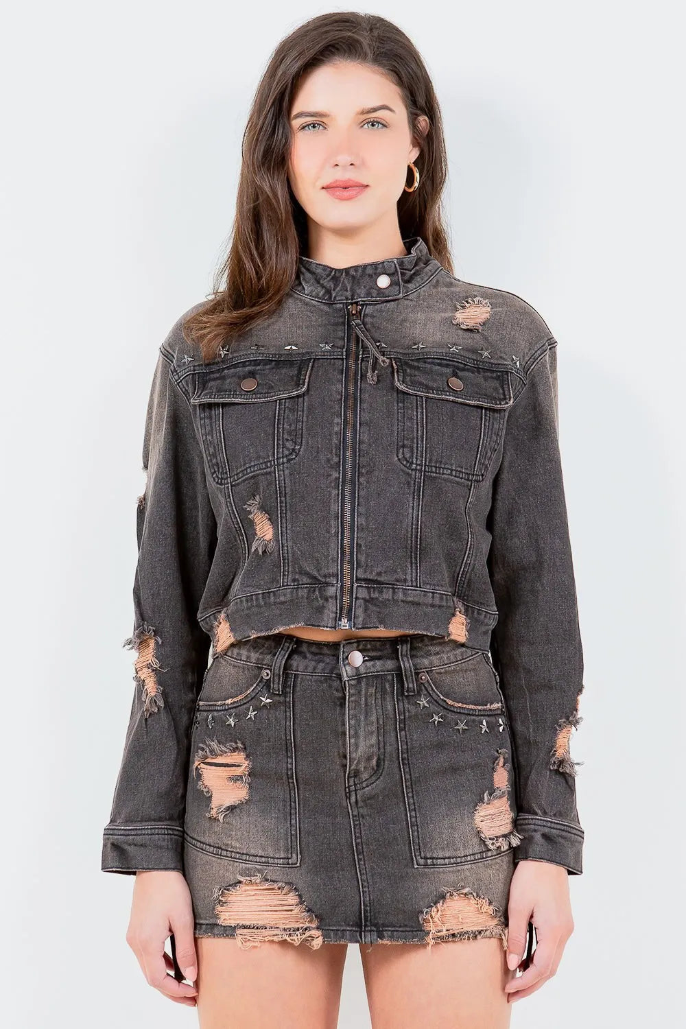 Star Studded Distressed Cropped Denim Jacket