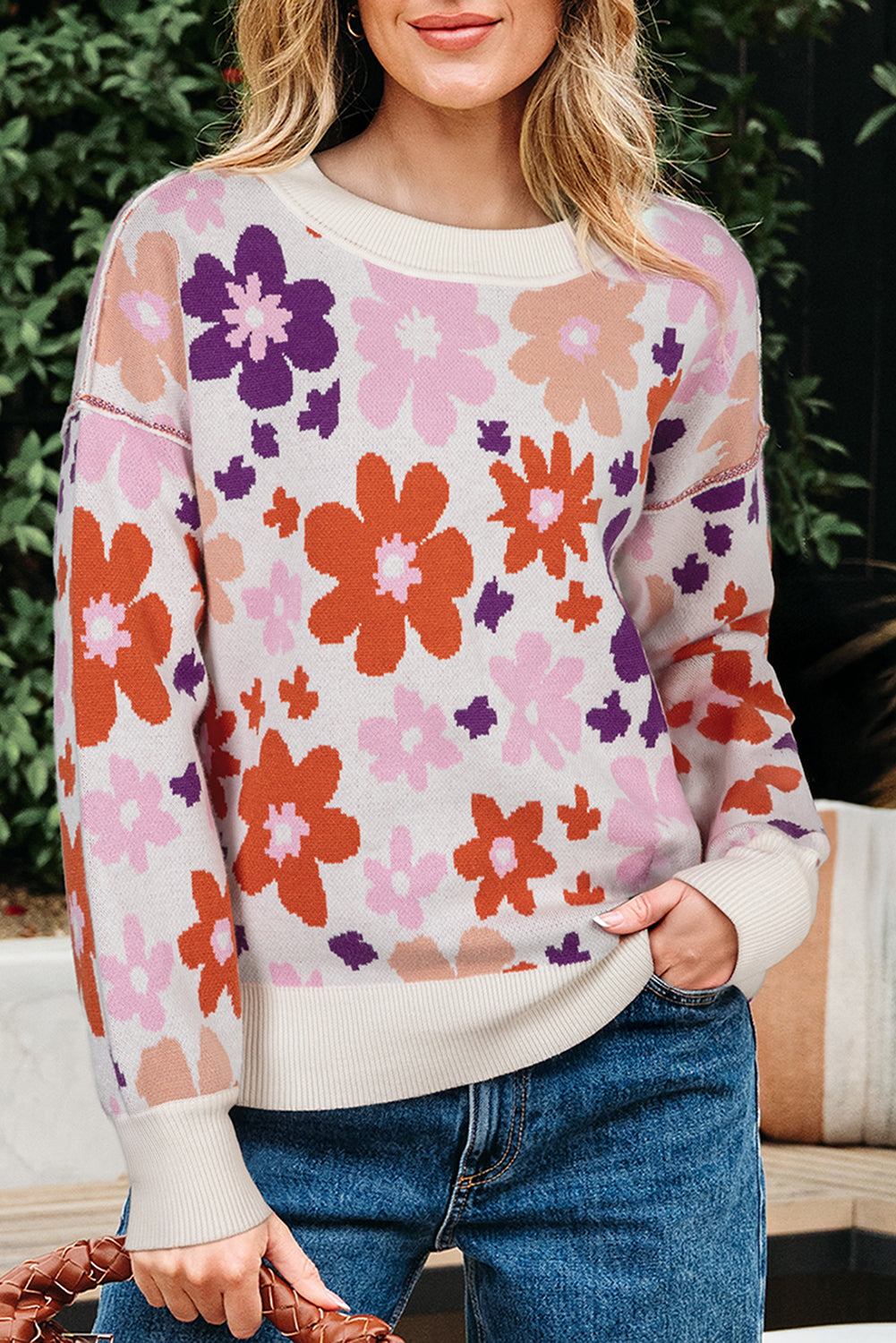 Floral Ribbed Trim Drop Shoulder Sweater