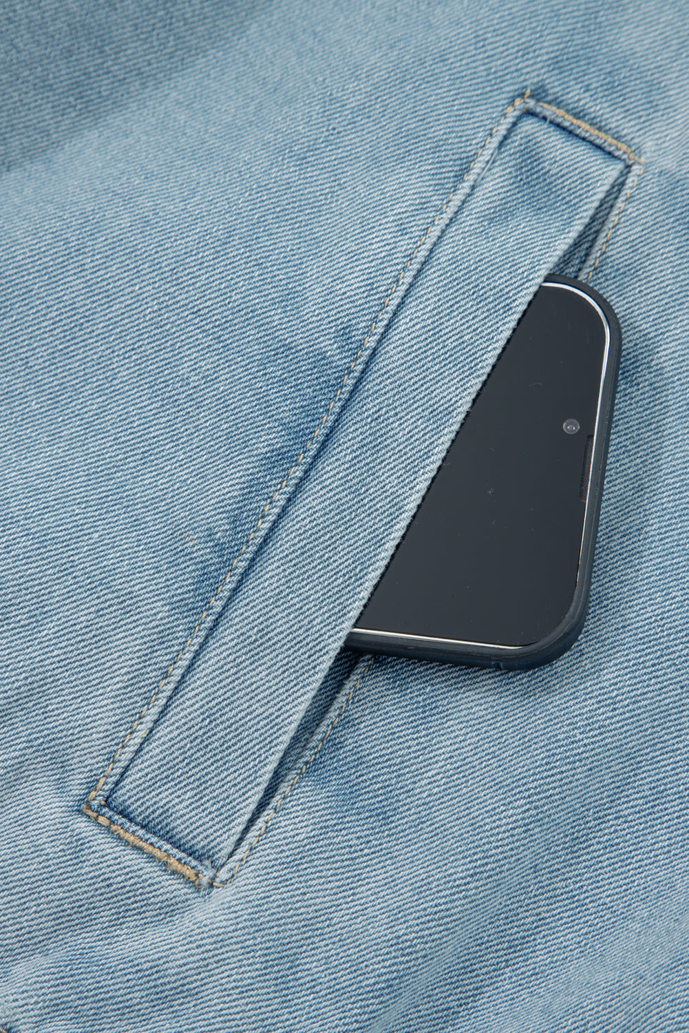 Denim Collared Zip-Up Elastic Edge Pocketed Jacket