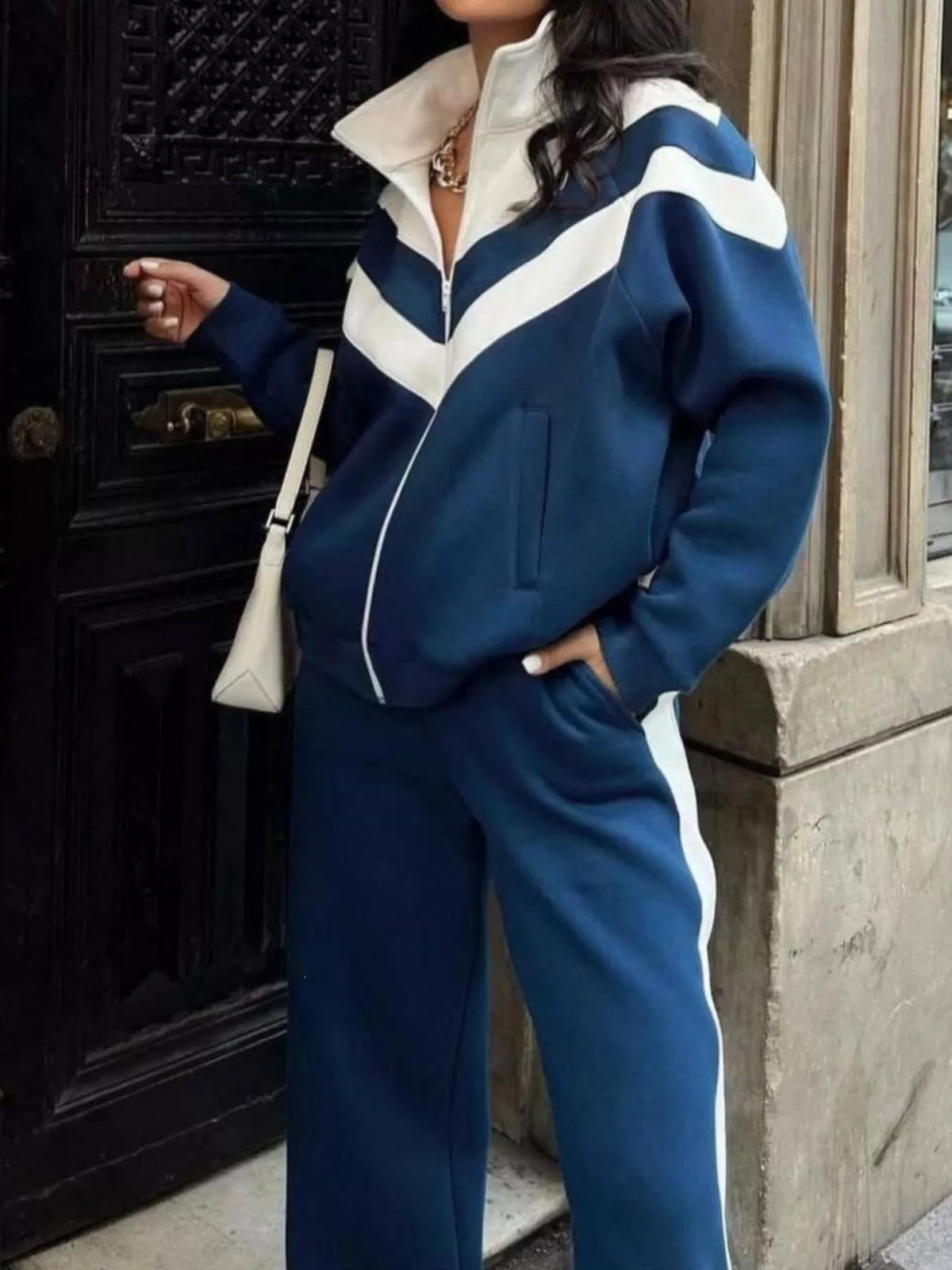 Color Block Zip-Up Outerwear and Pants Set