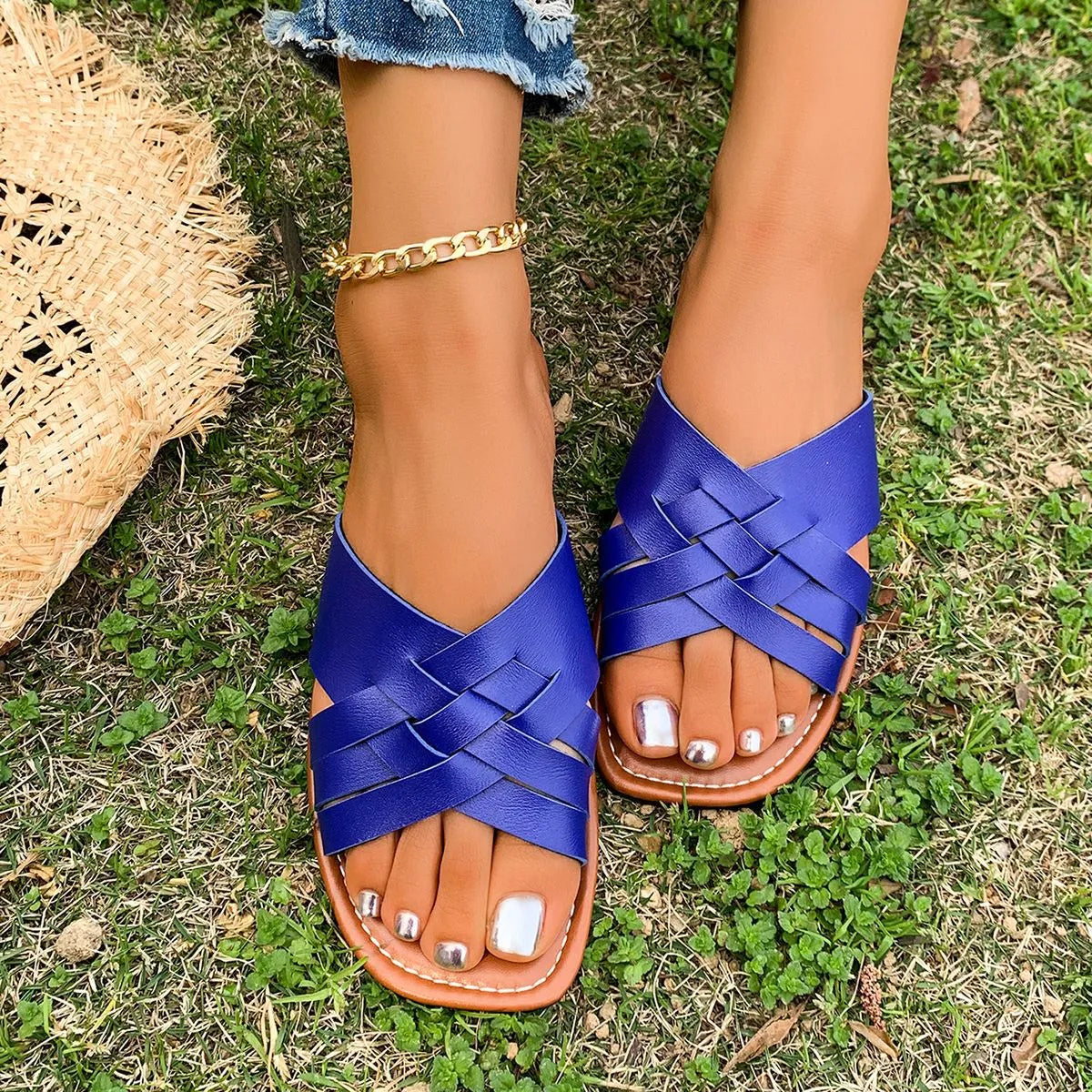 Woven Open Toe Flat Sandals