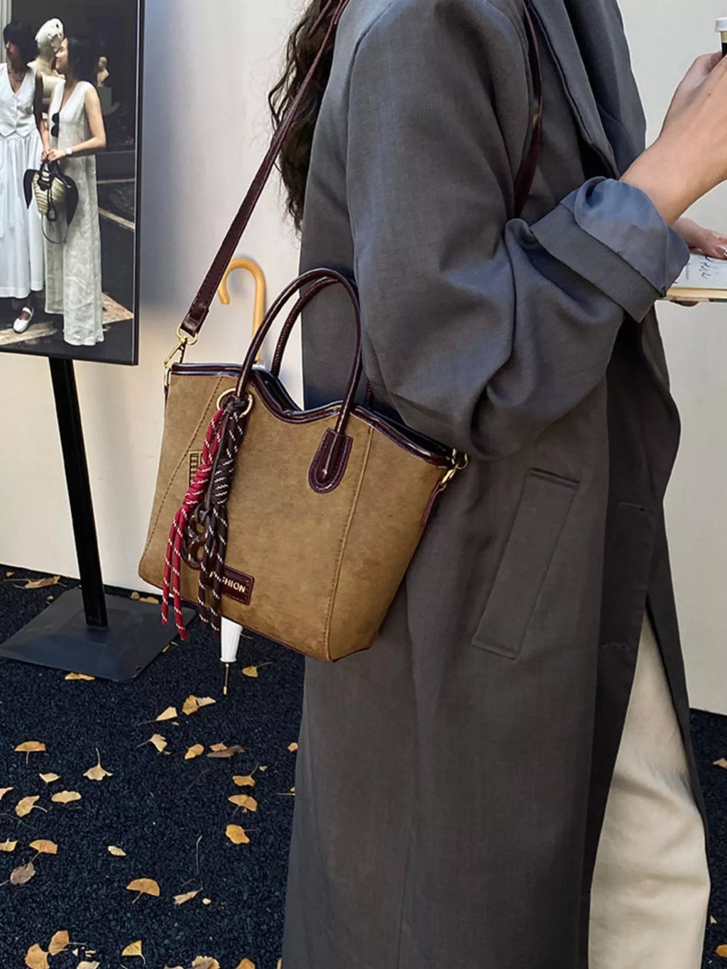 Suede Leather Strap Tote Bag