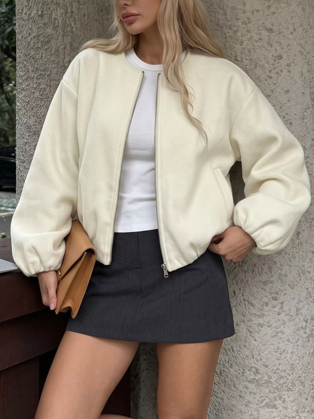 Fleece Bomber Jacket with Zipper Closure