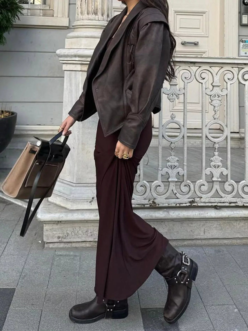 Belted Leather Jacket with Shawl Collar