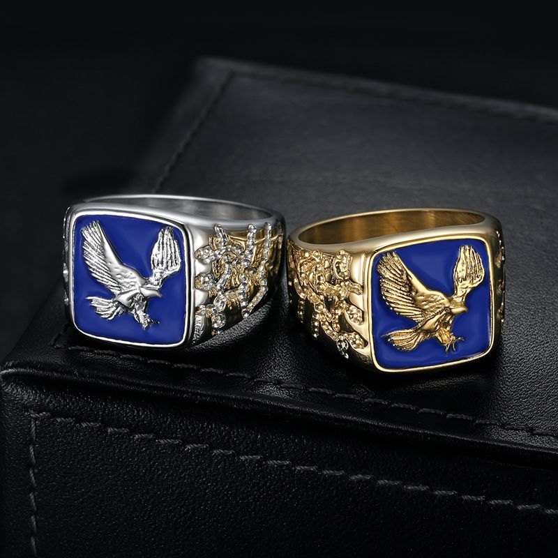 Stainless Steel Gold-Plated Blue Resin Wings-Flying Mens Ring