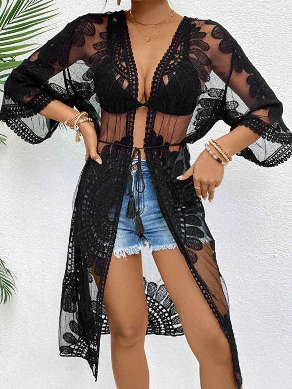 Lace Open Front Longline Kimono Cover-Up