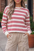 Red Stripe Dropped Shoulder Long Sleeve Casual Pullover Top
