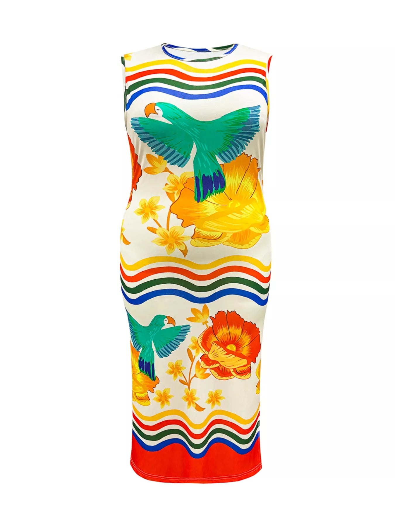 Tropical Parrot Print Sleeveless Midi Dress