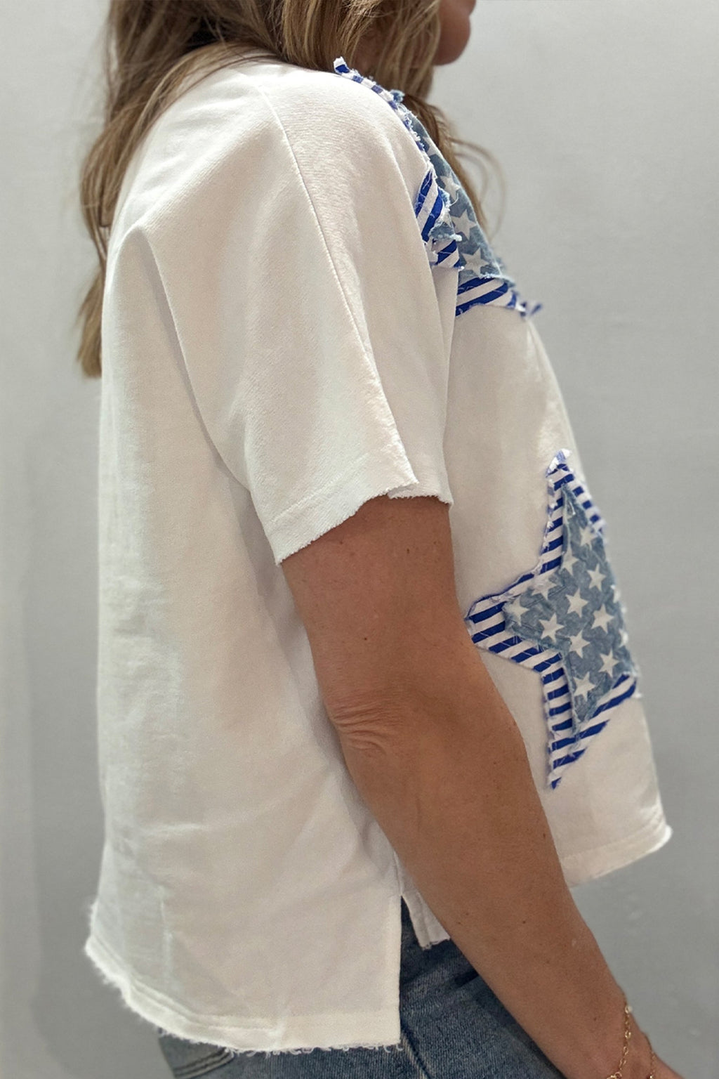 White Patriot Star Patched Notched Neck Mineral Washed Tee
