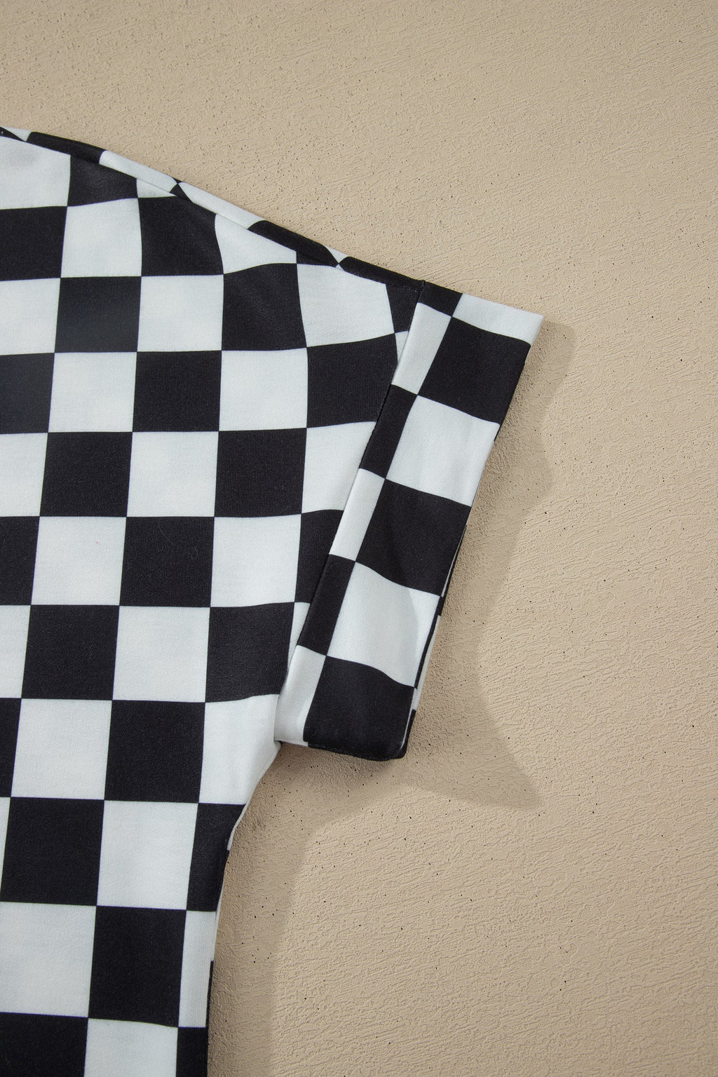 Black Checkered Print Color Block Trim Mock Neck Short Set