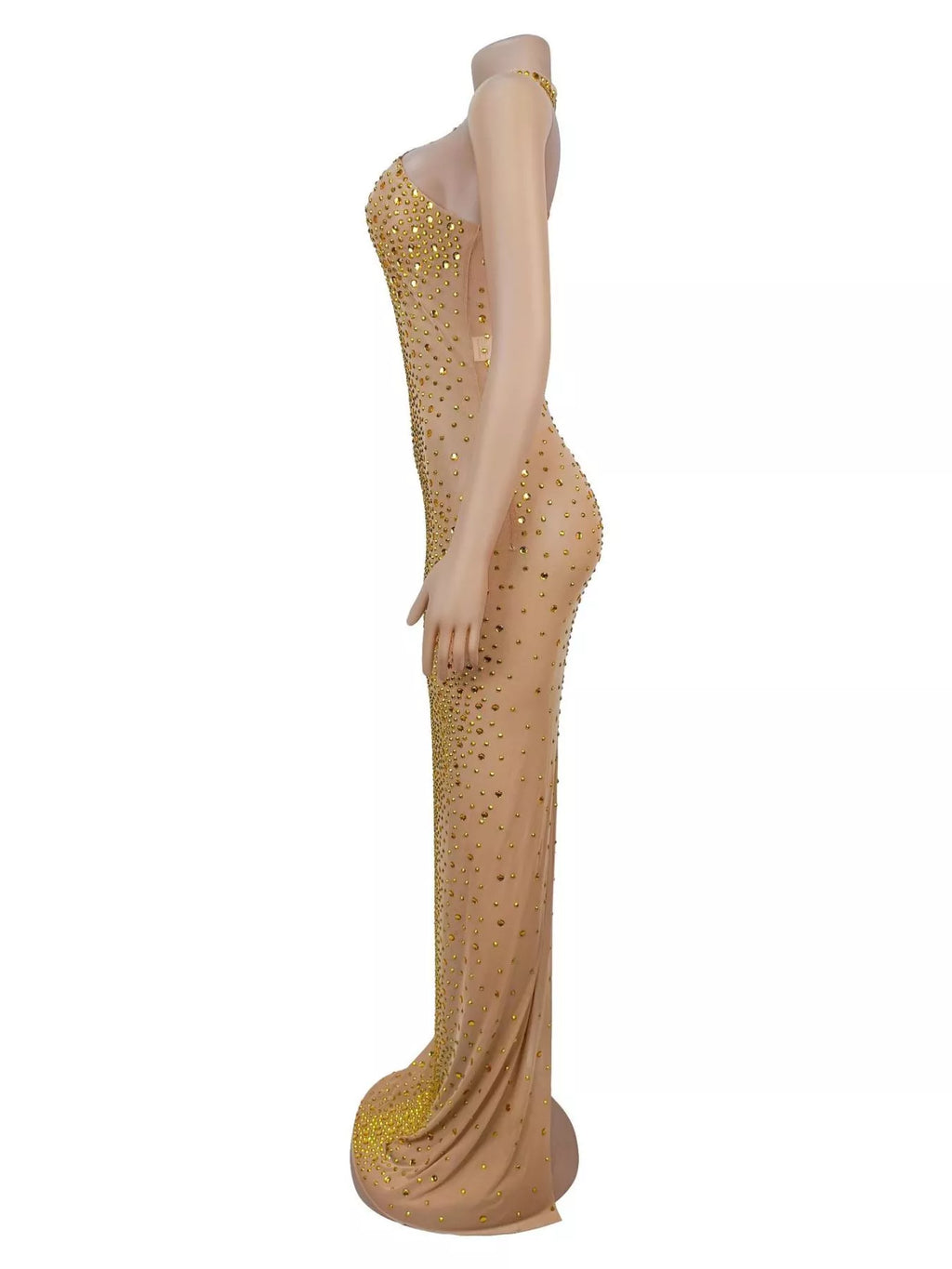 Rhinestone Embellished Mesh Dress with Back Slit