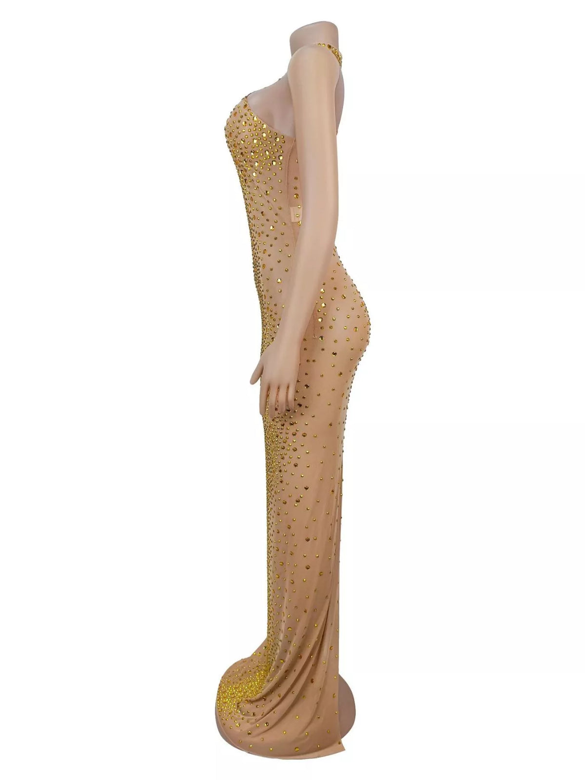 Rhinestone Embellished Mesh Dress with Back Slit