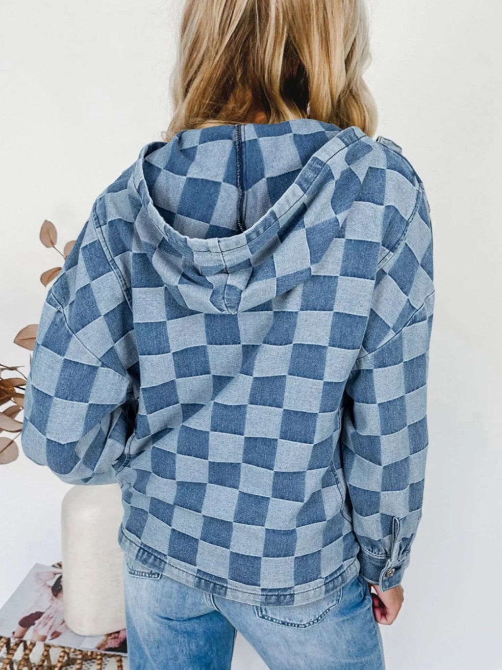 Checkered Half Zip Denim Hoodie Top