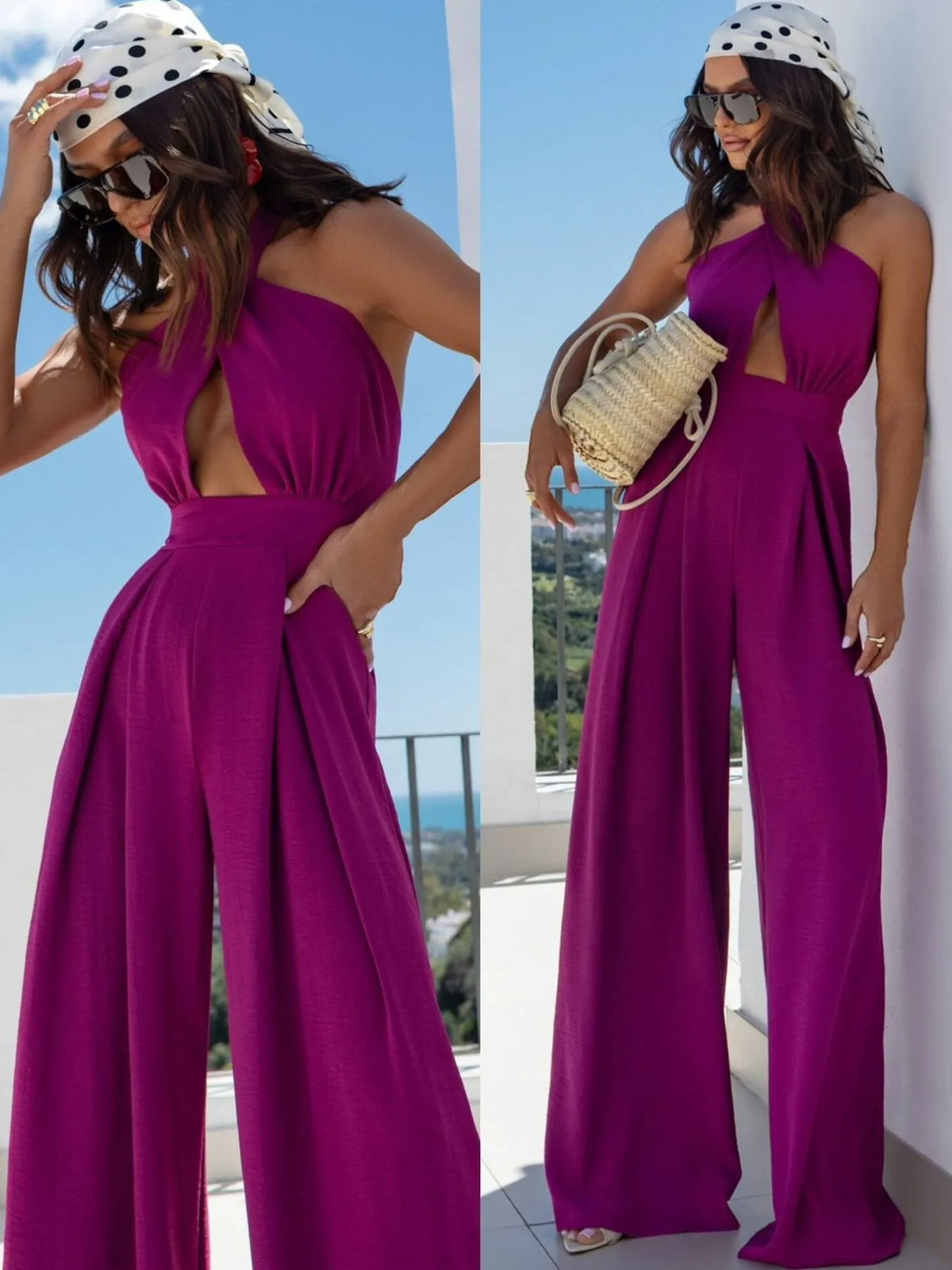 Wide Leg Cutout Halter Neck Jumpsuit