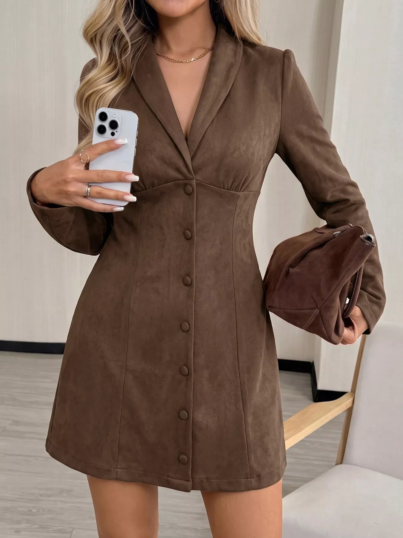 Button-Front Long Sleeve Blazer Dress