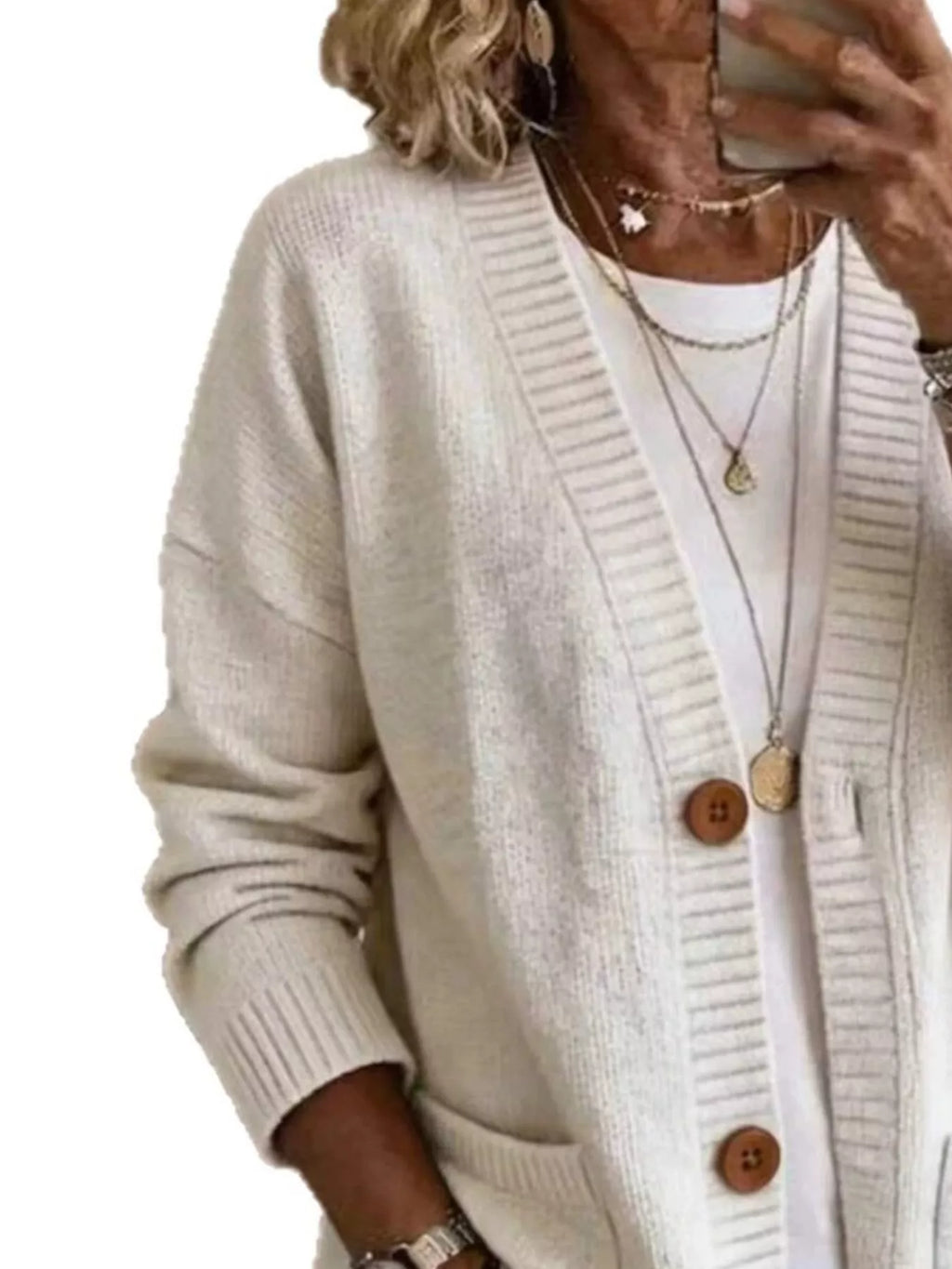 Casual V-Neck Button-Down Knit Cardigan with Pockets