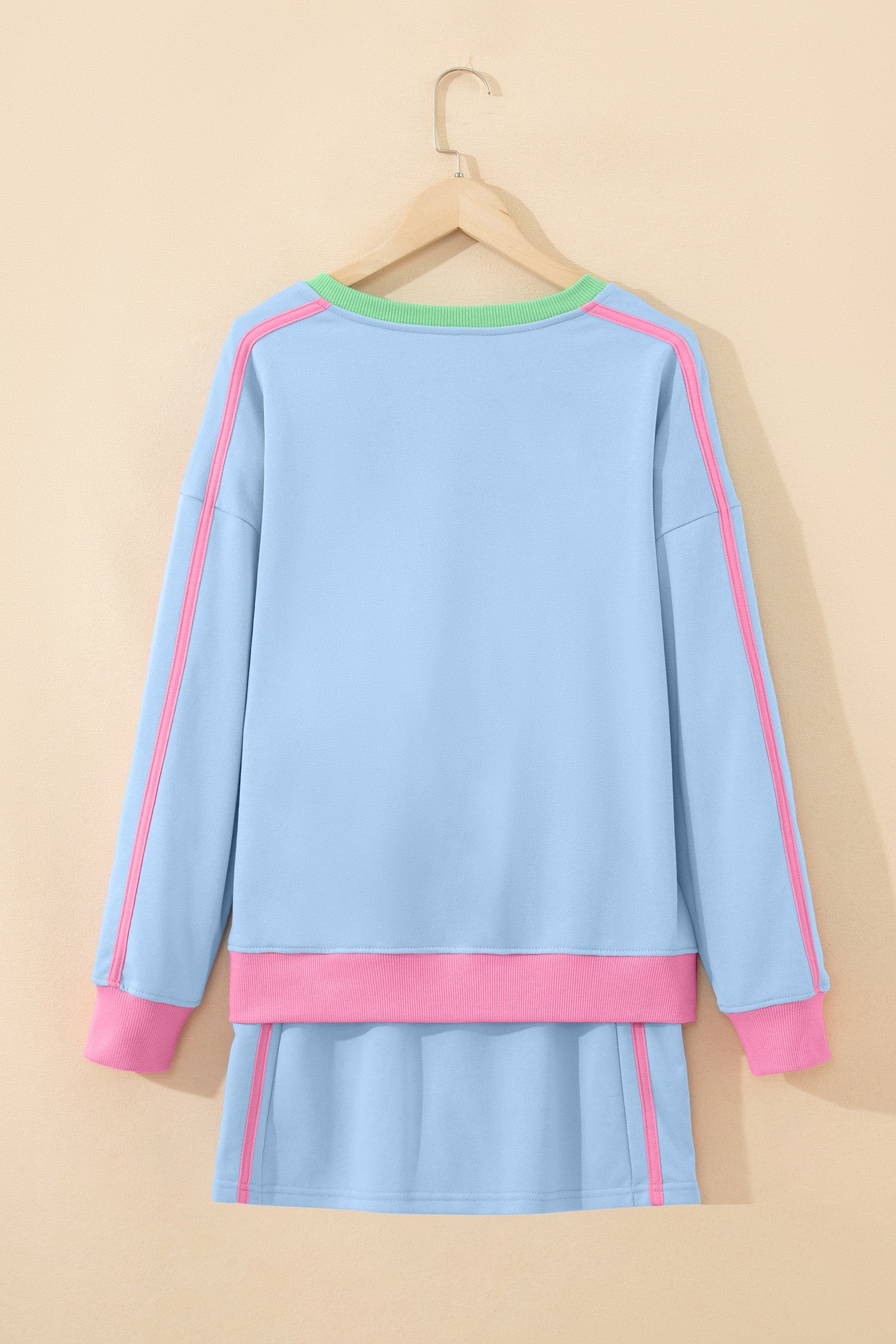 Sky Blue Ribbed Colorblock Trim V Neck Sporty Pullover Mini Skort 2pcs Athleisure Set