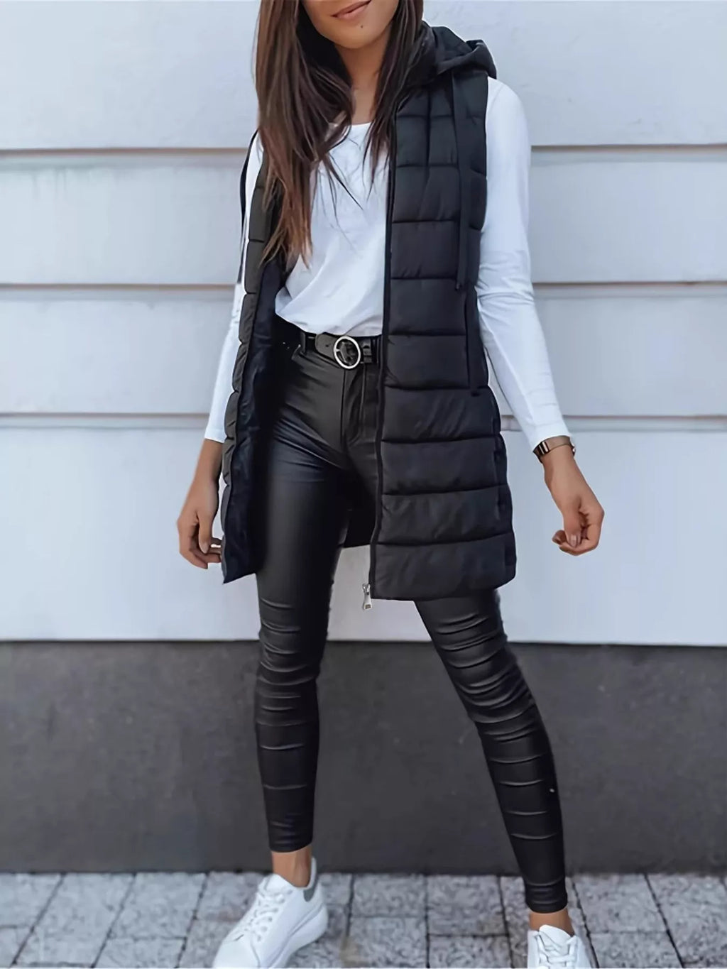 Zip Up Longline Hooded Puffer Vest Coat