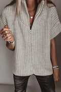 Solid Color Short Sleeve Zipper Knit High Neck Sweater