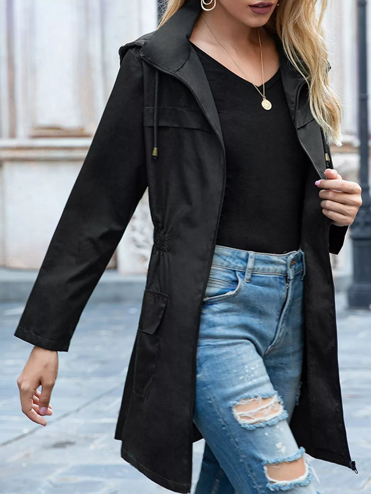 Zip Up Drawstring Waist Hooded Jacket