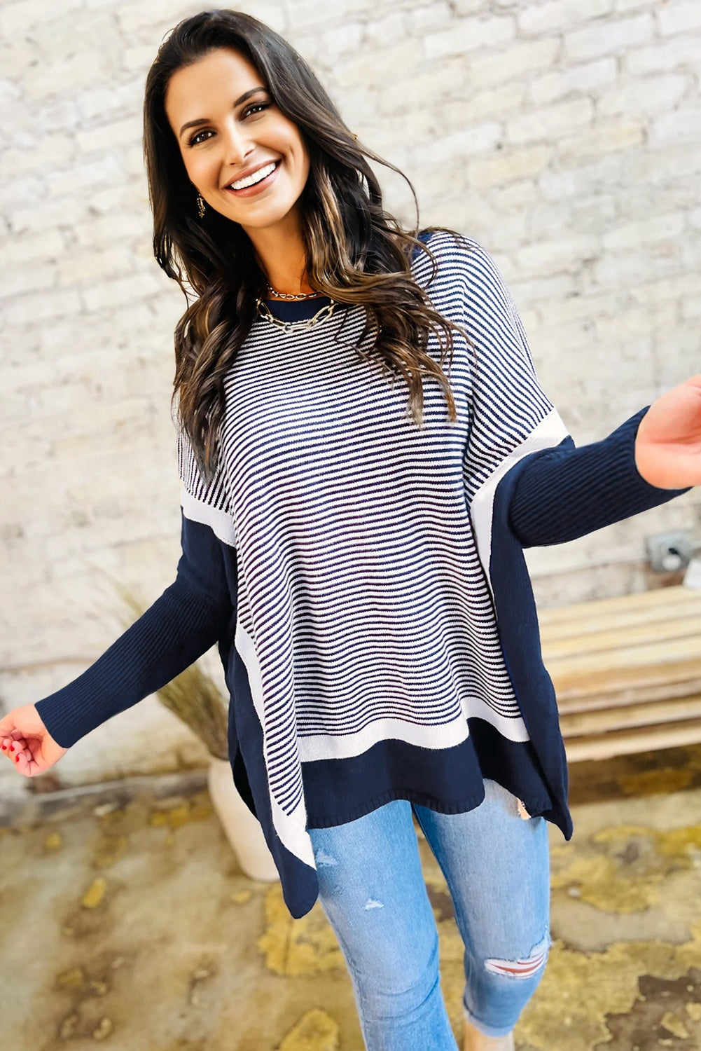 Stripe Colorblock Patchwork Dolman Sleeve Sweater