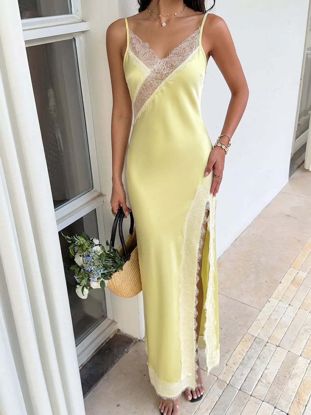 Lace Trimmed Slit Midi Dress