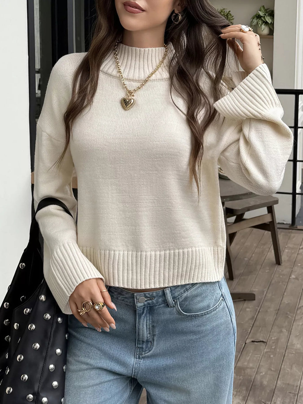 Mock Neck Dropped Shoulder Sweater