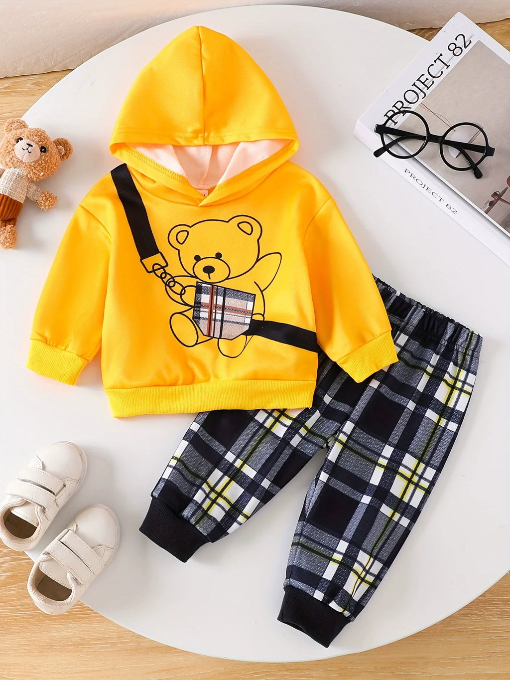 Children's Bear Graphic Hoodie & Plaid Pants Set