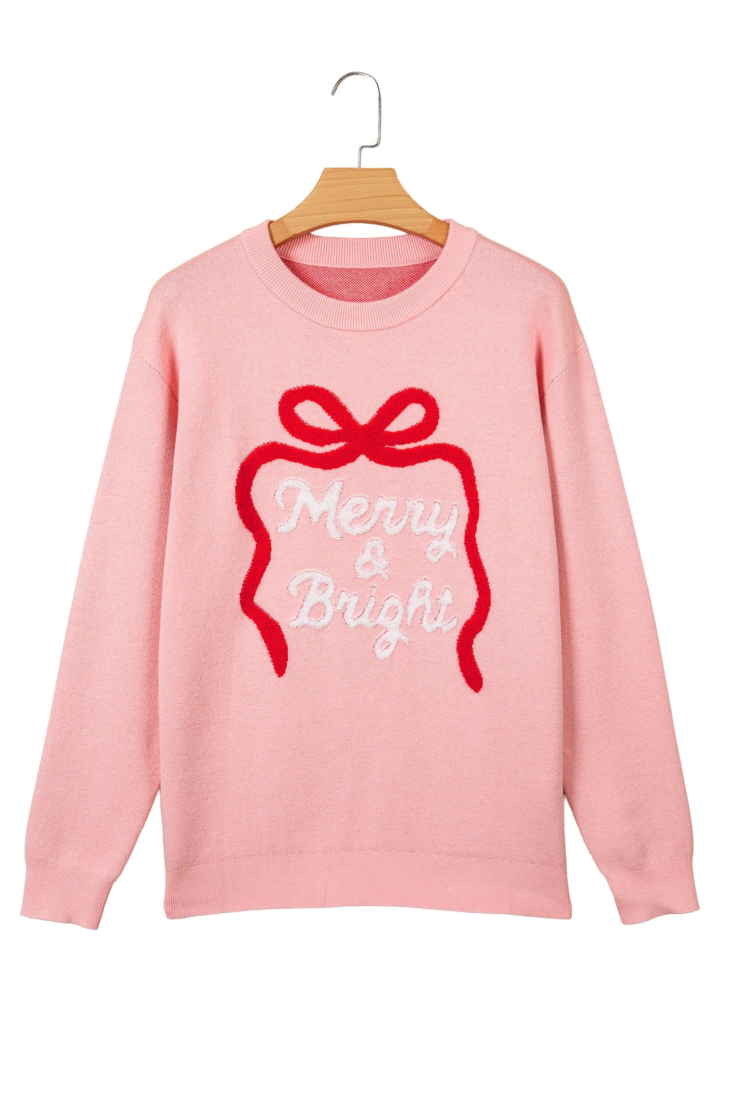 Gossamer Pink Drop Shoulder Round Neck Towel Embroidery Slogan Pullover Sweater