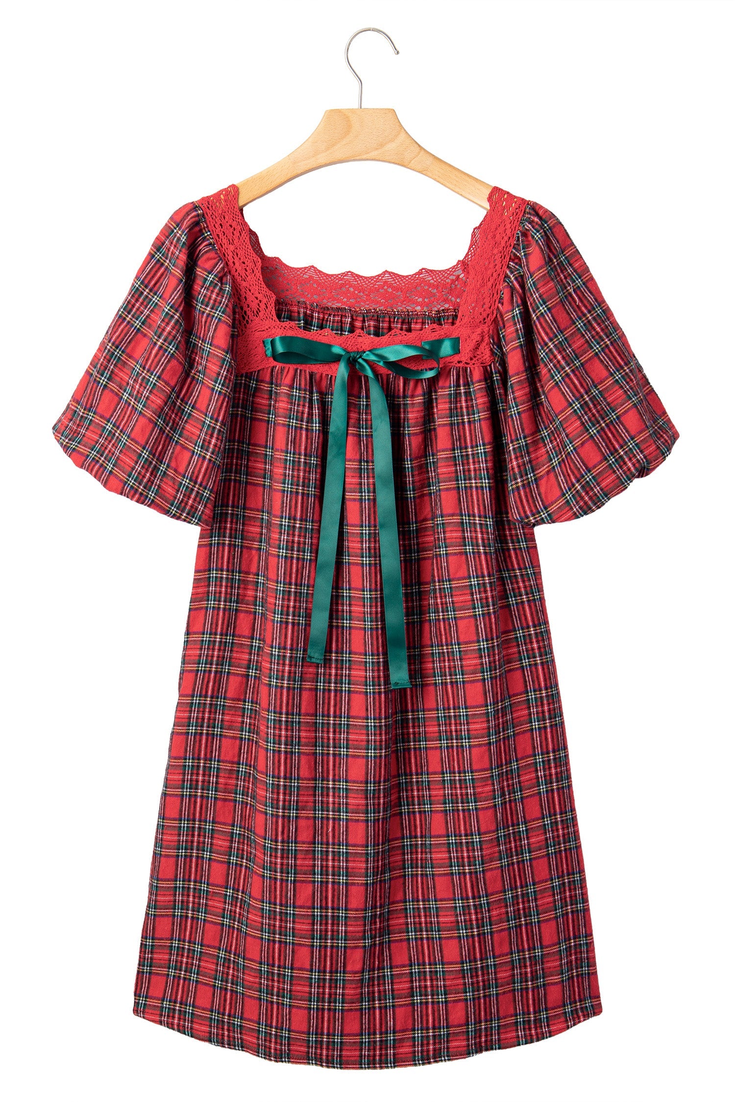 Red Plaid Square Collar Lace Trim Short Sleeve Shift Mini Dress