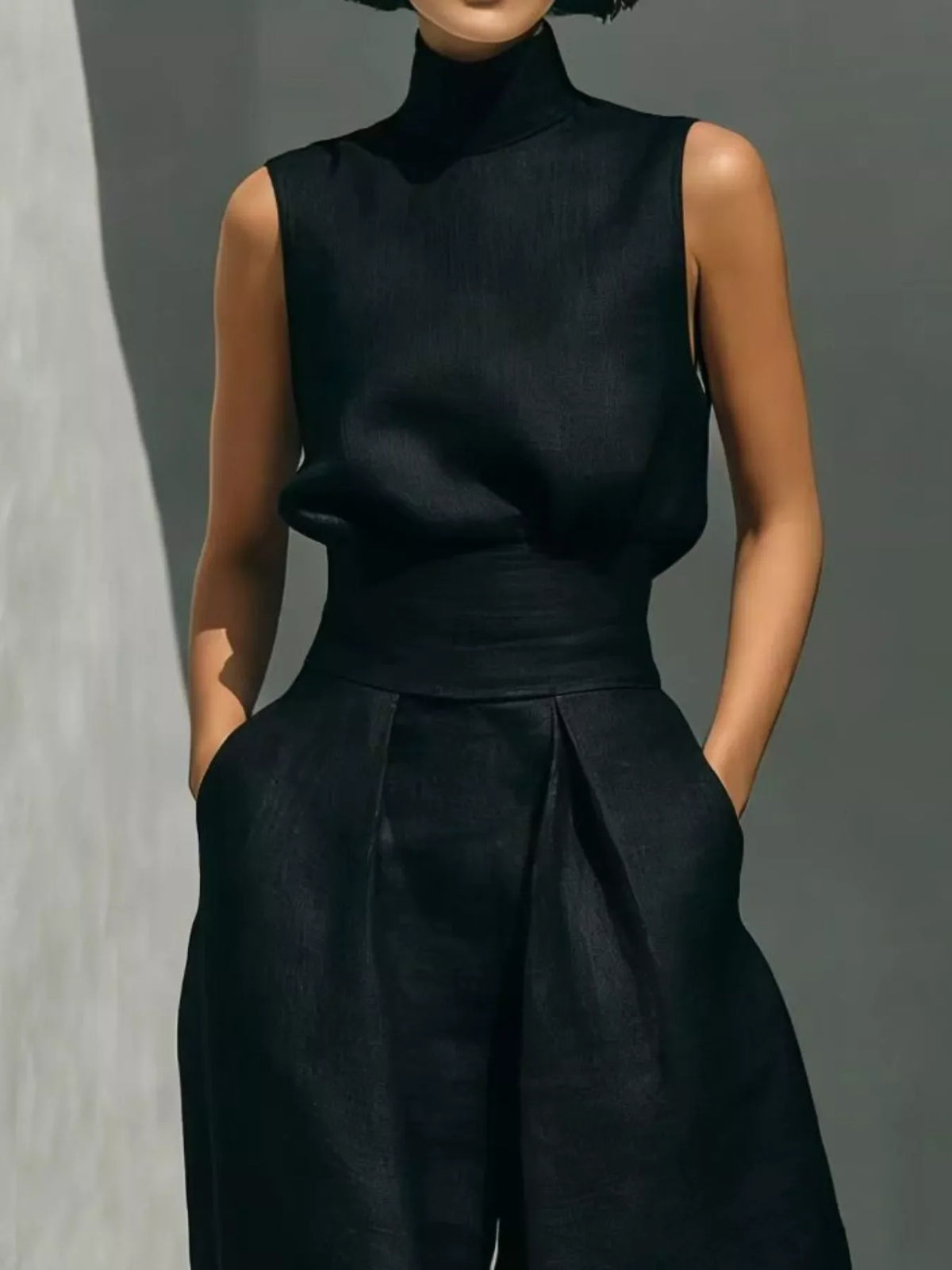 Full Size Turtleneck Sleeveless Top and Wide Leg Pants Set Plus Size