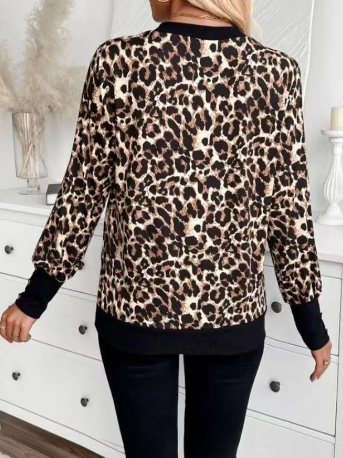 Printed V-Neck Long Sleeve T-Shirt with Button Cuffs