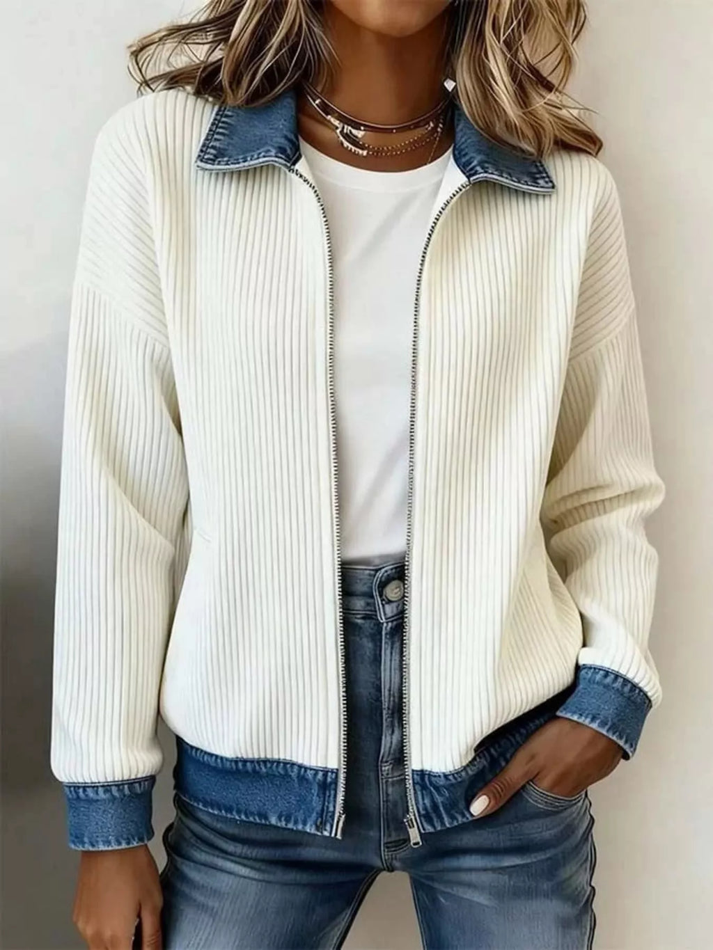 Contrast Denim Collar Ribbed Knit Jacket
