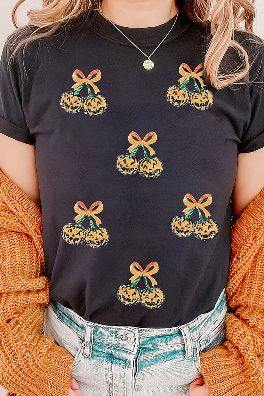 Black Sequin Pumpkin Cherry Graphic Round Neck Casual T Shirt