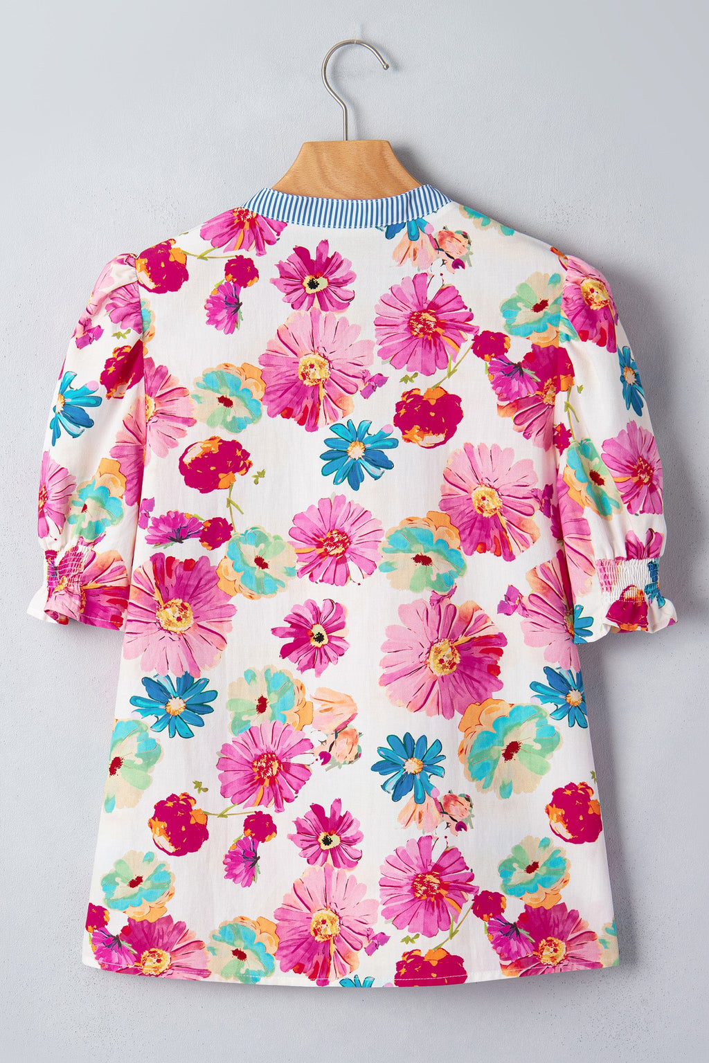Beige Floral Print Short Puff Sleeve Striped Trim V Neck Blouse