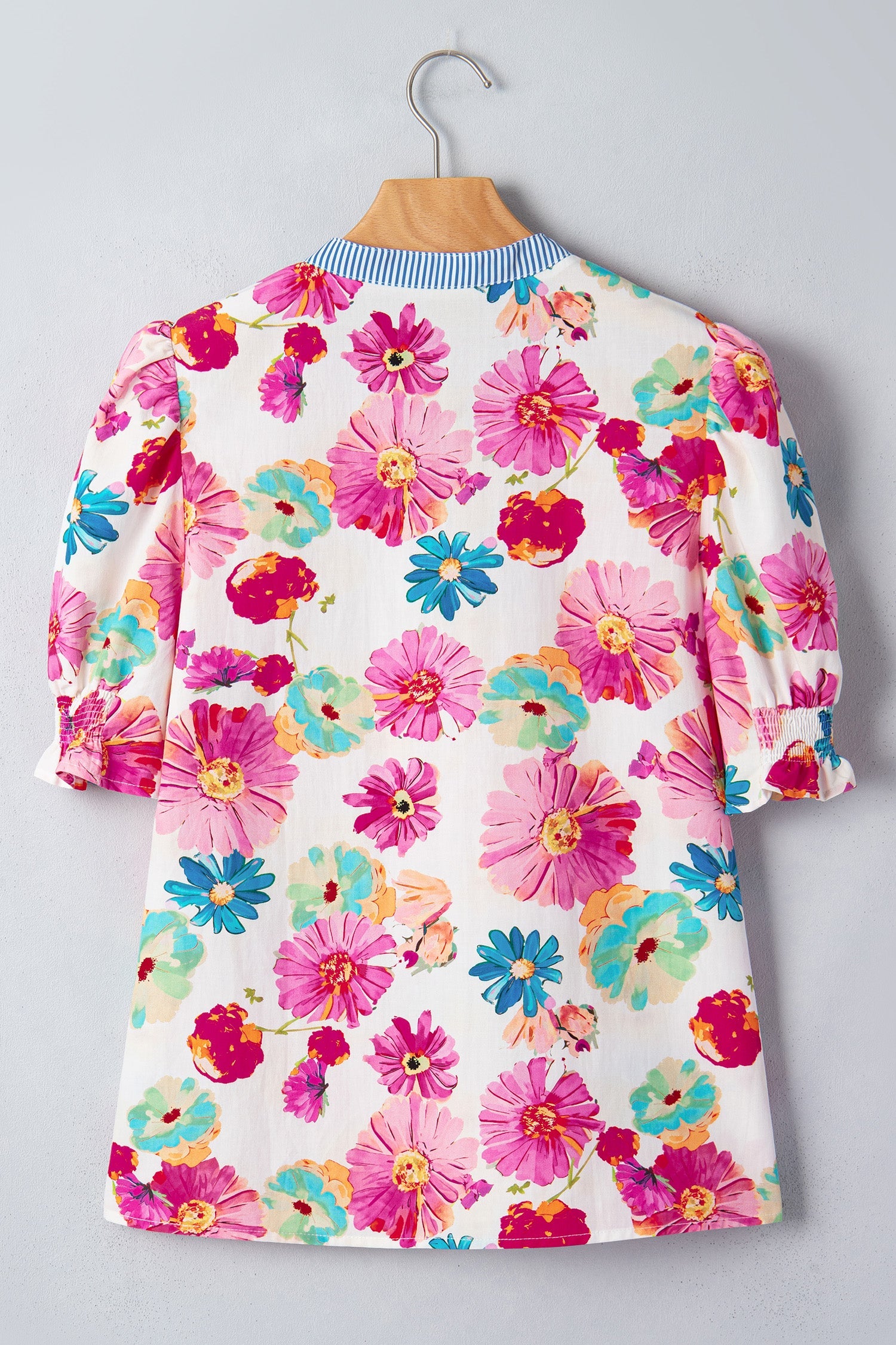 Beige Floral Print Short Puff Sleeve Striped Trim V Neck Blouse