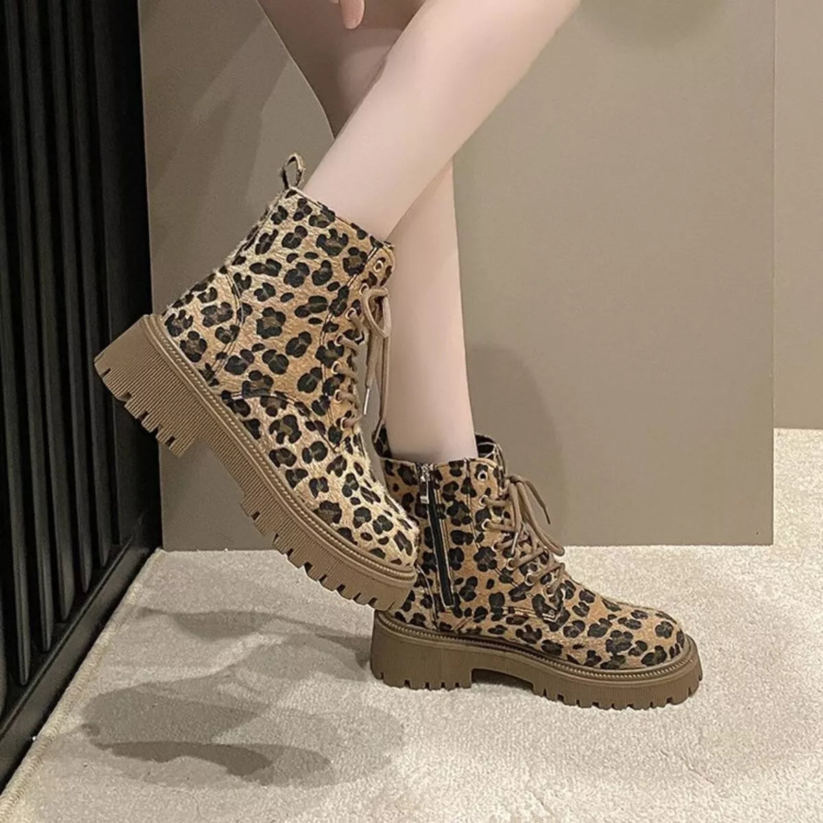 Animal Print Lace-Up Ankle Boots