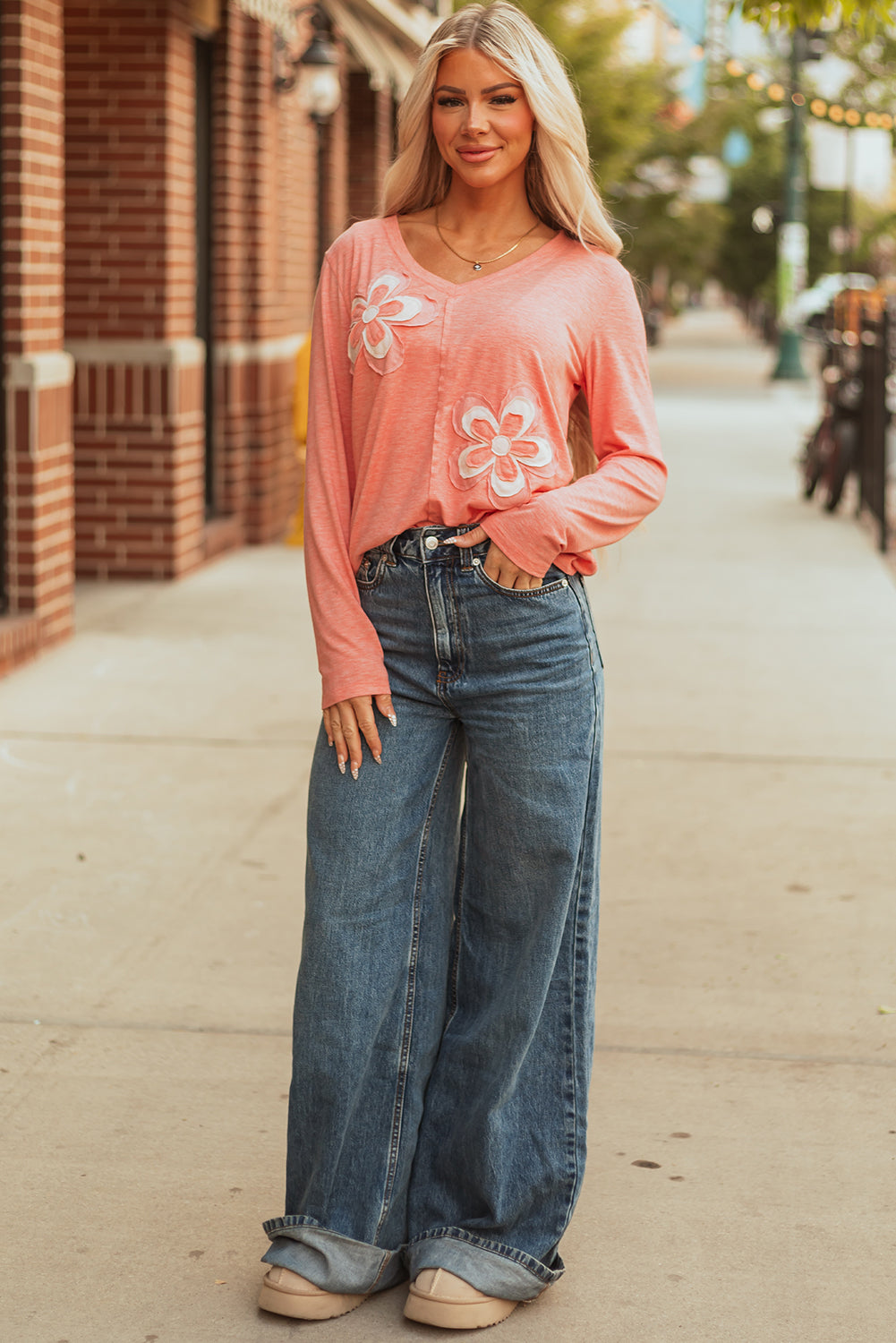 Floral Patchwork V-Neck Long Sleeve Top
