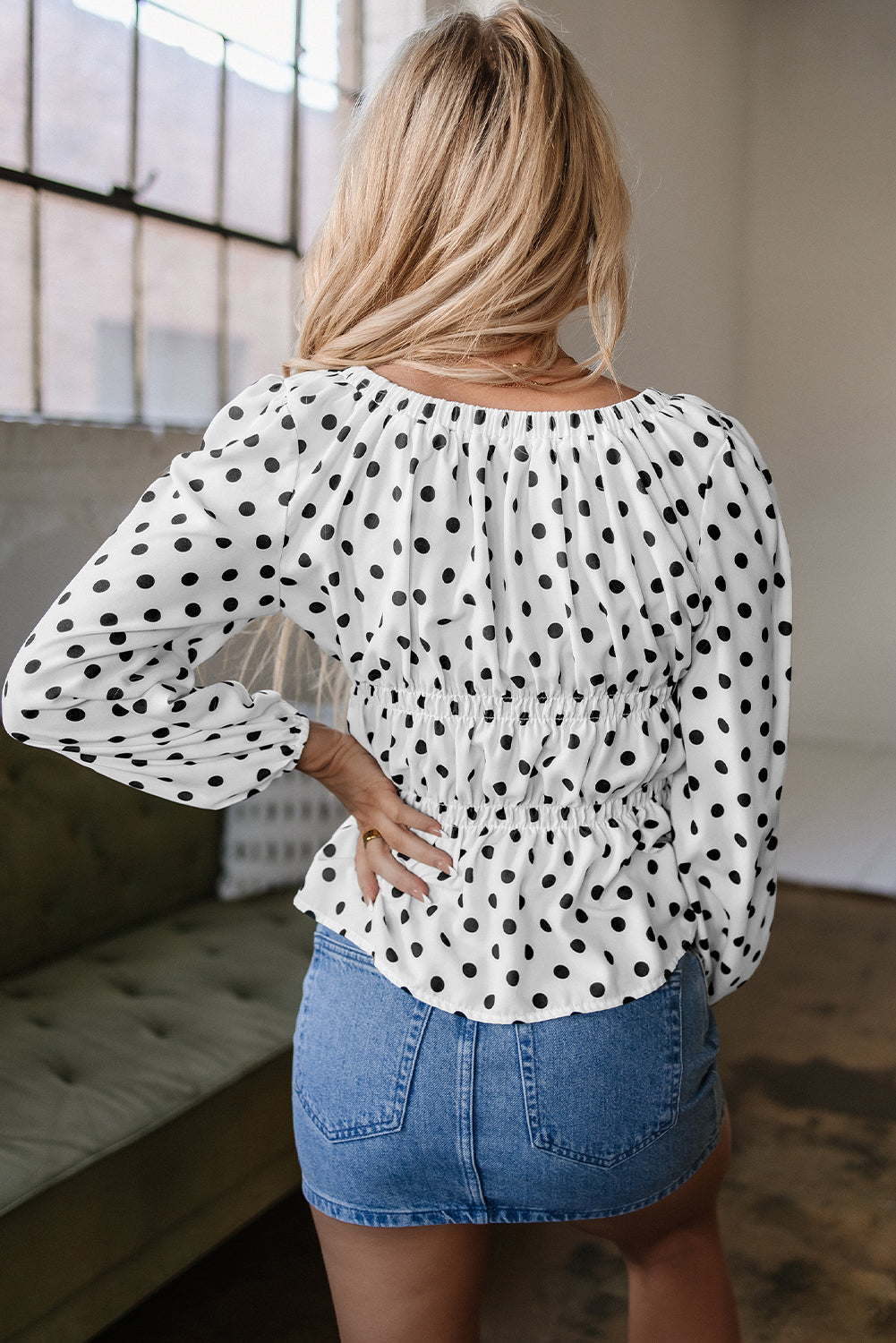 Polka Dot Bow Square Neck Puff Sleeve Top