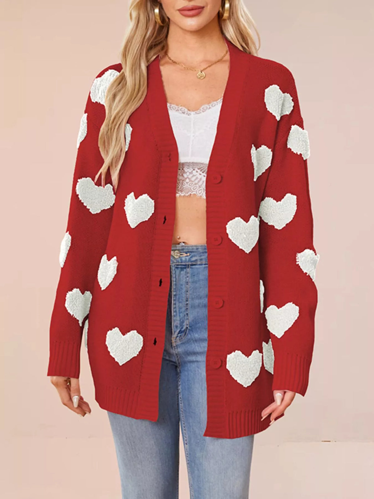 Heart Pattern V-Neck Button-Down Knit Cardigan