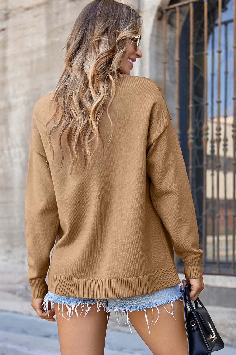 Solid Front Center Seam Drop Shoulder Sweater