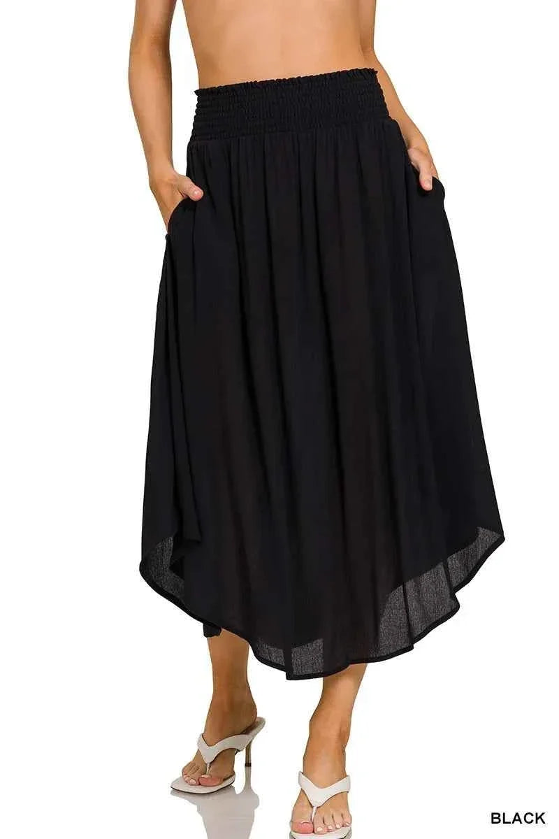 Woven Crinkle Smocked Waist Maxi Skirt with Pockets