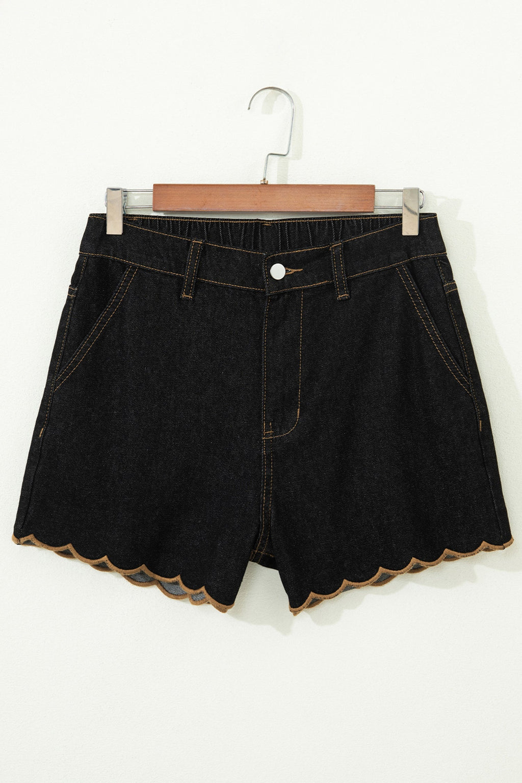 Black Embroidered Scalloped Trim Relaxed Denim Shorts