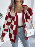 Oversized Checkered Open-Front Knit Cardigan