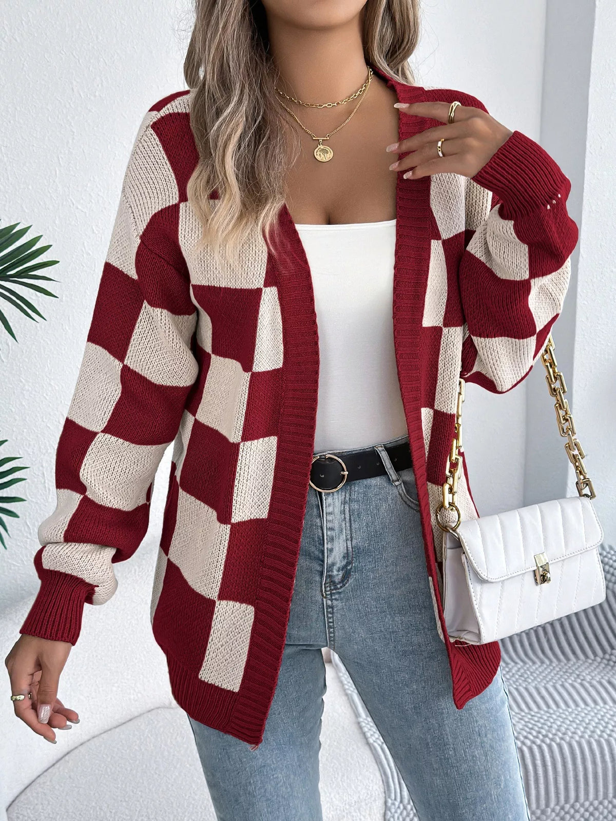 Oversized Checkered Open-Front Knit Cardigan