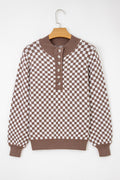 Checker Ribbed Trim Half-Button Sweater