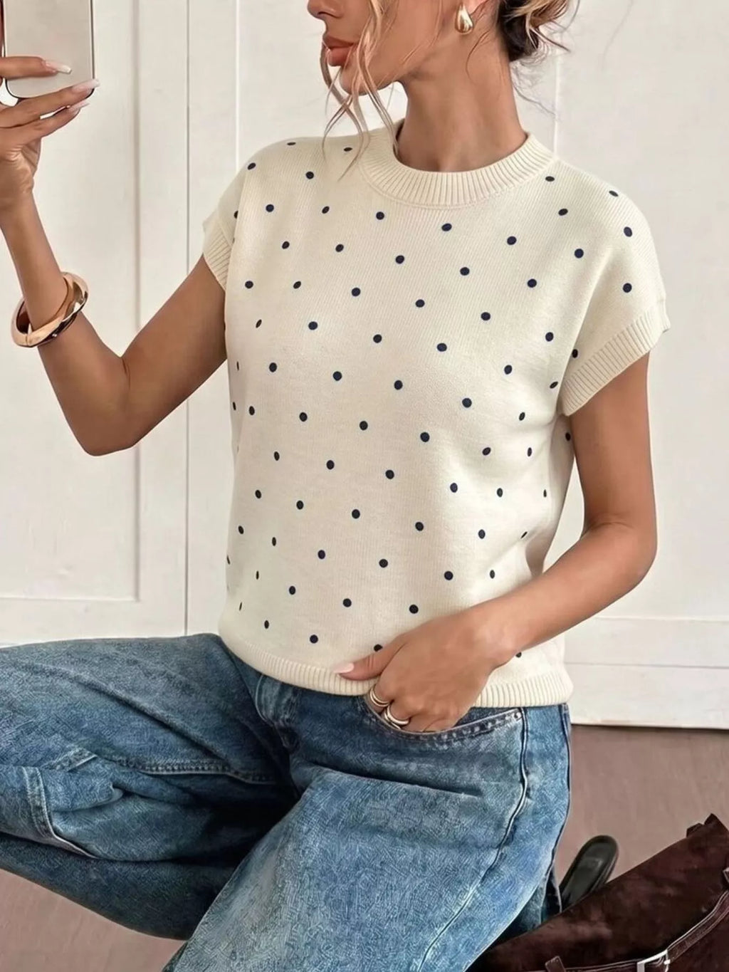 Polka Dot Short Sleeve Knit Sweater